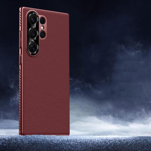 Funda híbrida de PC de cuero liso con protección suave y refrescante para Samsung Galaxy S24 Ultra 5G (roja)