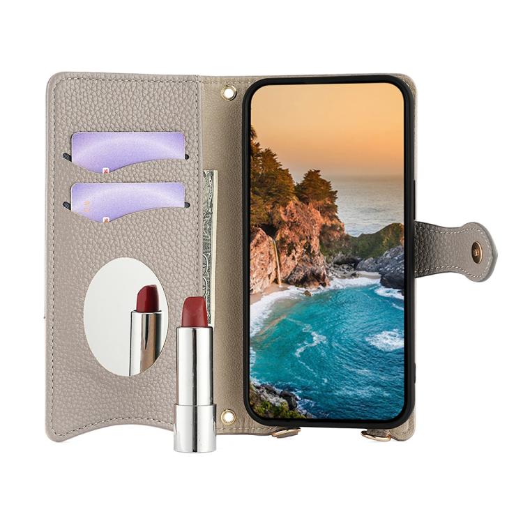 Funda de cuero con cadena cruzada y diseño de cola de pez para Samsung Galaxy F06 5G (gris)