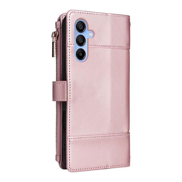 Funda de cuero tipo cartera con cremallera y bloqueo RFID para Samsung Galaxy A15 5G (oro rosa)