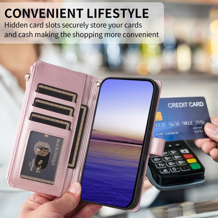 Funda de cuero tipo cartera con cremallera y bloqueo RFID para Samsung Galaxy A15 5G (oro rosa)