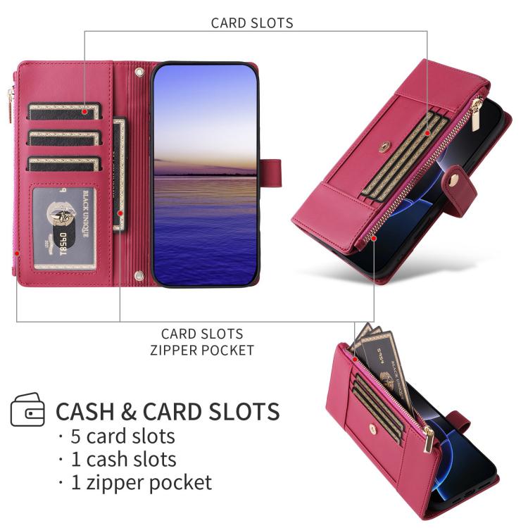 Funda de cuero tipo cartera con cremallera y bloqueo RFID para Samsung Galaxy A15 5G (roja)