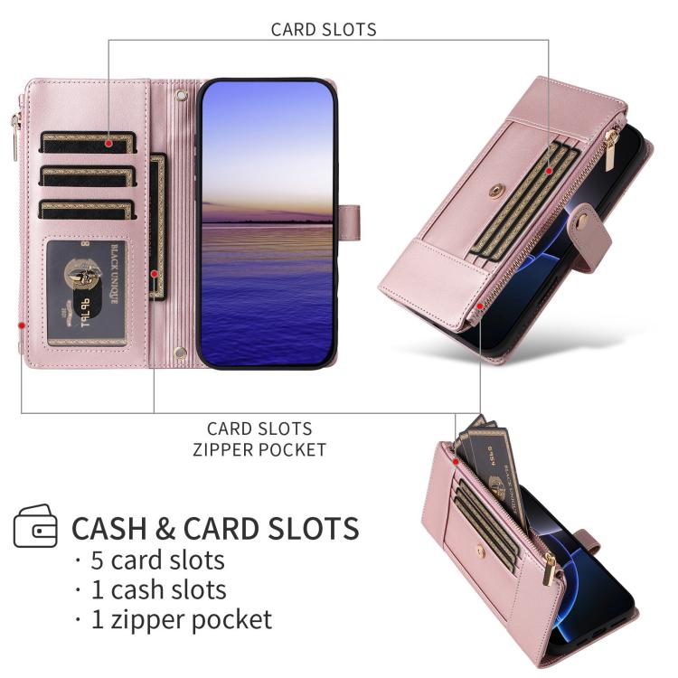 Funda de cuero tipo cartera con cremallera y bloqueo RFID para Samsung Galaxy A16/26 (oro rosa)