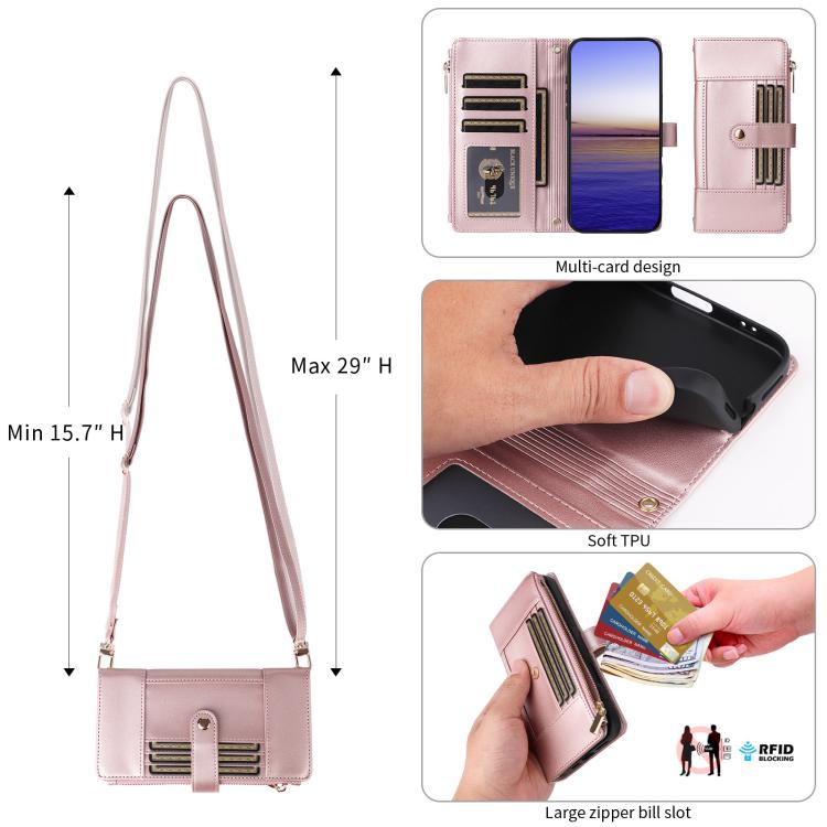 Funda de cuero tipo cartera con cremallera y bloqueo RFID para Samsung Galaxy A16/26 (oro rosa)