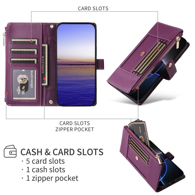 Funda de cuero tipo cartera con cremallera y bloqueo RFID para Samsung Galaxy A16/26 (morado)
