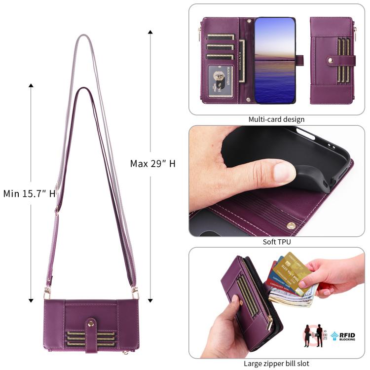 Funda de cuero tipo cartera con cremallera y bloqueo RFID para Samsung Galaxy A16/26 (morado)