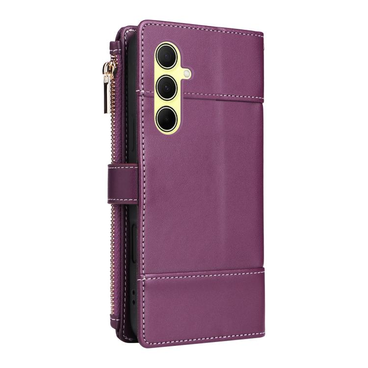 Funda de cuero tipo cartera con cremallera y bloqueo RFID para Samsung Galaxy A35 5G (morado)
