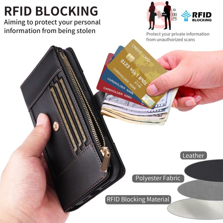 Funda de cuero tipo cartera con cremallera y bloqueo RFID para Samsung Galaxy A36 5G (negro)