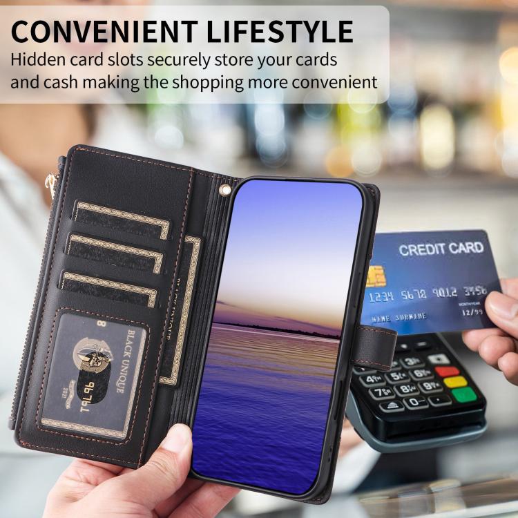 Funda de cuero tipo cartera con cremallera y bloqueo RFID para Samsung Galaxy A36 5G (negro)