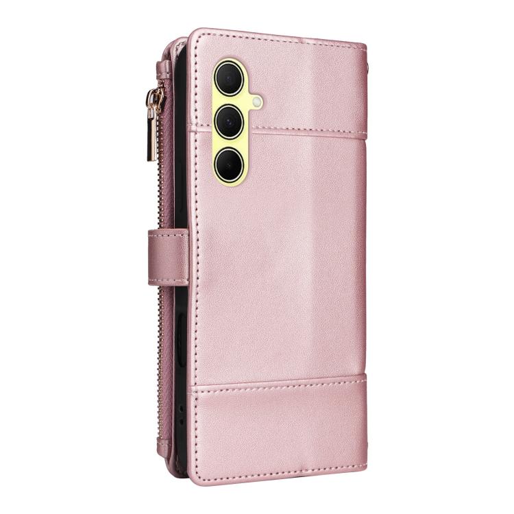 Funda de cuero tipo cartera con cremallera y bloqueo RFID para Samsung Galaxy A55 5G (oro rosa)