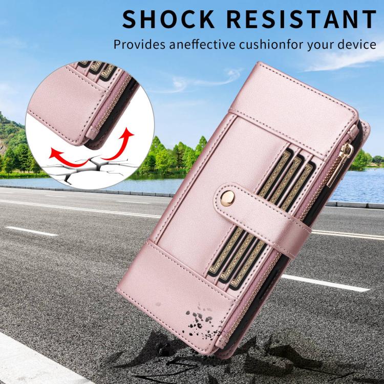 Funda de cuero tipo cartera con cremallera y bloqueo RFID para Samsung Galaxy A55 5G (oro rosa)