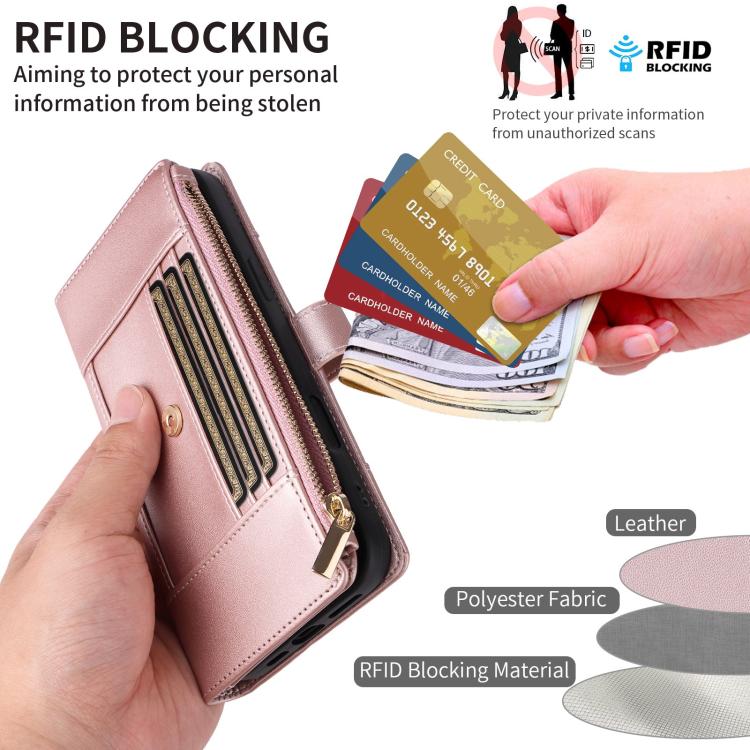 Funda de cuero tipo cartera con cremallera y bloqueo RFID para Samsung Galaxy A55 5G (oro rosa)