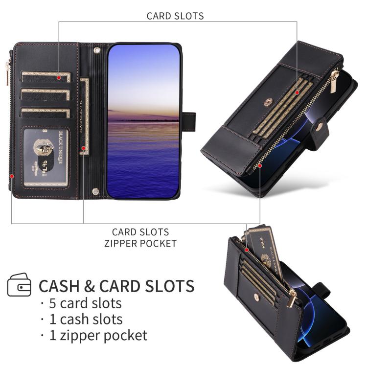 Funda de cuero tipo cartera con cremallera y bloqueo RFID para Samsung Galaxy A55 5G (negro)