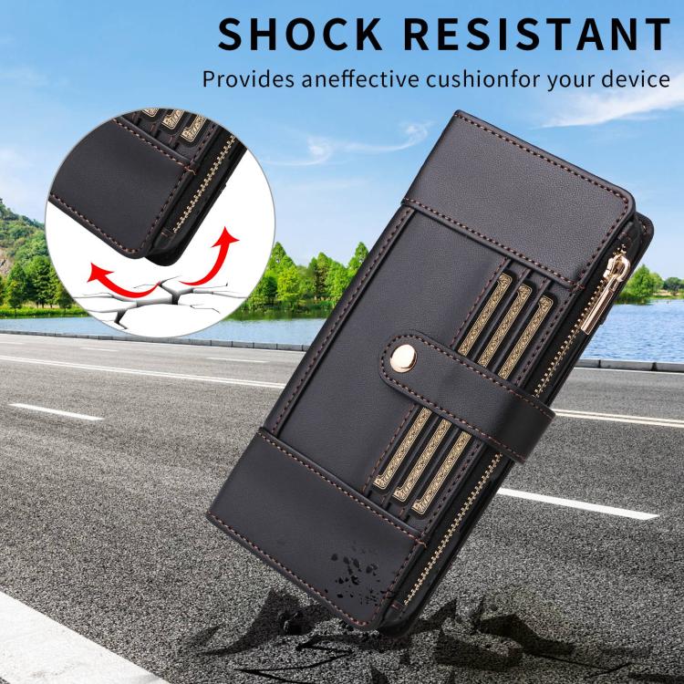 Funda de cuero tipo cartera con cremallera y bloqueo RFID para Samsung Galaxy A55 5G (negro)