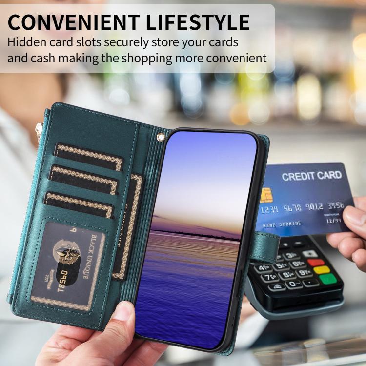 Funda de cuero tipo cartera con cremallera y bloqueo RFID para Samsung Galaxy A55 5G (verde)
