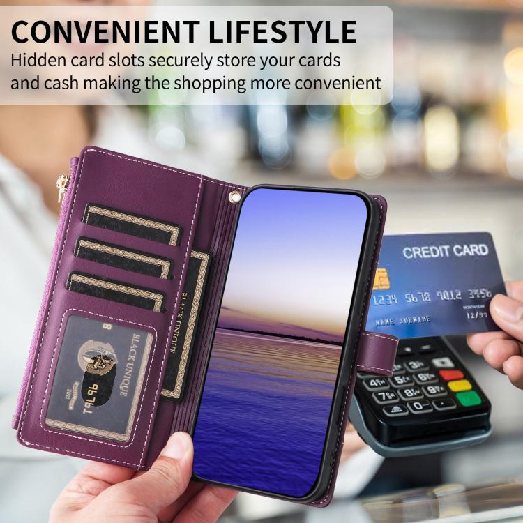 Funda de cuero tipo cartera con cremallera y bloqueo RFID para Samsung Galaxy A55 5G (morado)