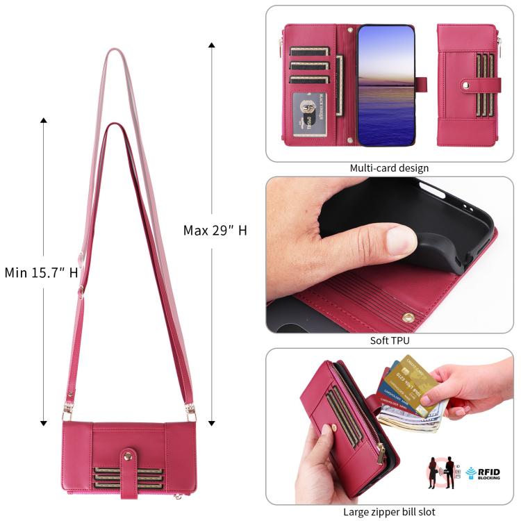 Funda de cuero tipo cartera con cremallera y bloqueo RFID para Samsung Galaxy A55 5G (roja)