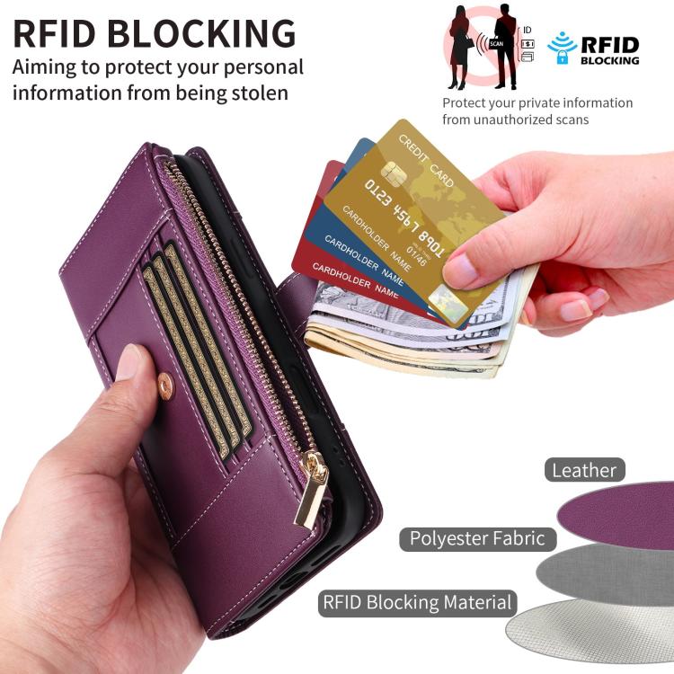 Funda de cuero tipo cartera con cremallera y bloqueo RFID para Samsung Galaxy A56 5G (morado)