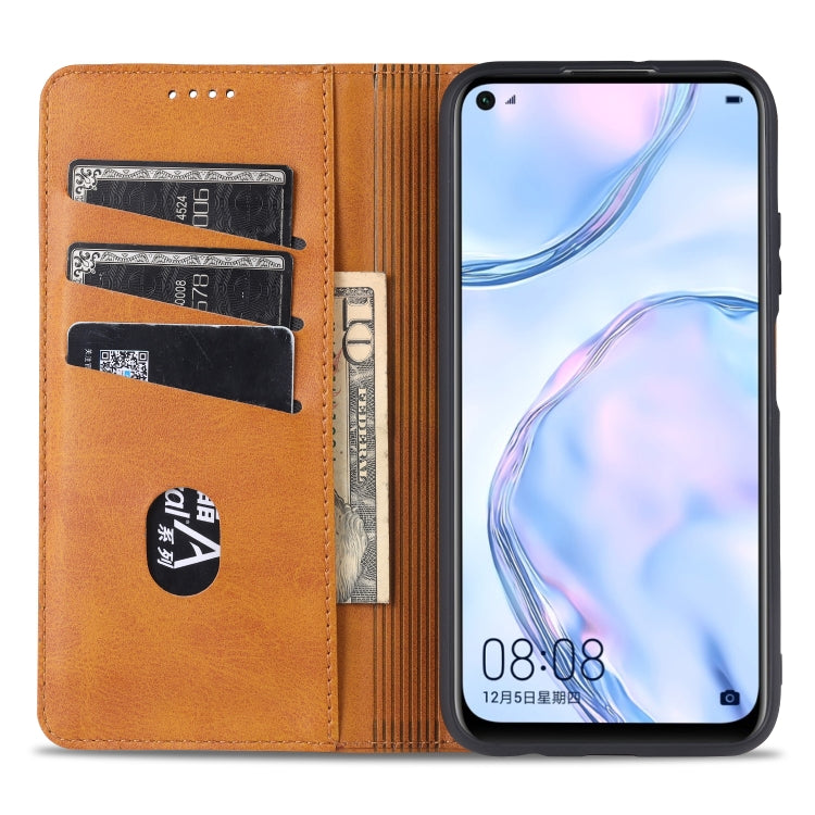 Para Huawei P40 Lite / nova 6 SE AZNS Funda de cuero con tapa magnética con textura de becerro horizontal con ranuras para tarjetas, soporte y billetera (marrón claro)