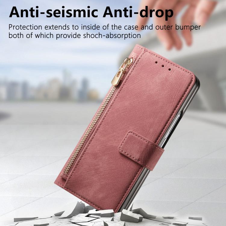 Funda de cuero con cremallera magnética MagSafe retro para Samsung Galaxy Z Fold7 5G (rosa)