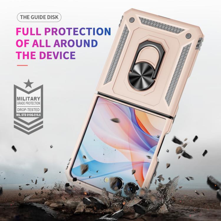 Funda de TPU + PC a prueba de golpes con soporte para Samsung Galaxy Z Flip7 5G (dorada)