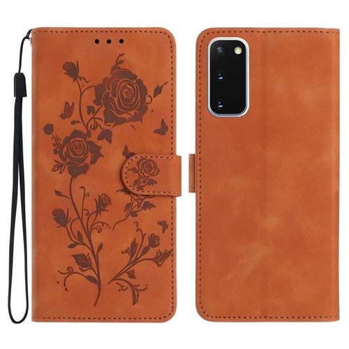 Funda de cuero con estampado de rosas en relieve para Samsung Galaxy S20 5G (marrón)