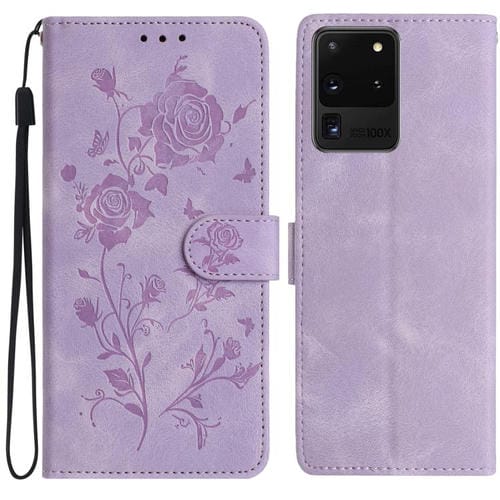 Funda de cuero con estampado de rosas en relieve para Samsung Galaxy S20 Ultra 5G (morado claro)