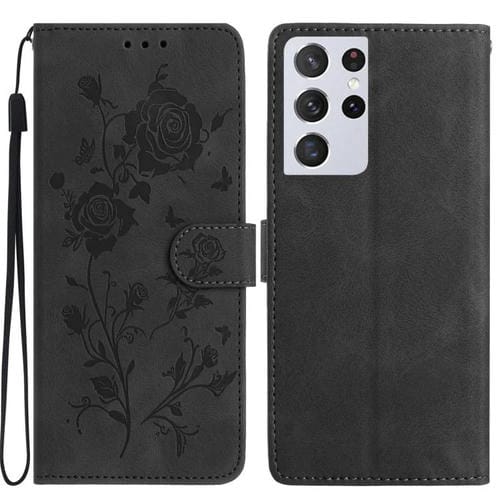 Funda de cuero con estampado floral en relieve para Samsung Galaxy S21 Ultra 5G (negra)