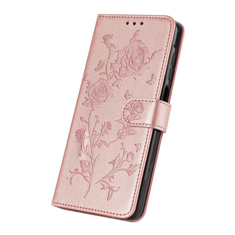 Funda de cuero con estampado floral en relieve para Samsung Galaxy S22+ 5G (oro rosa)