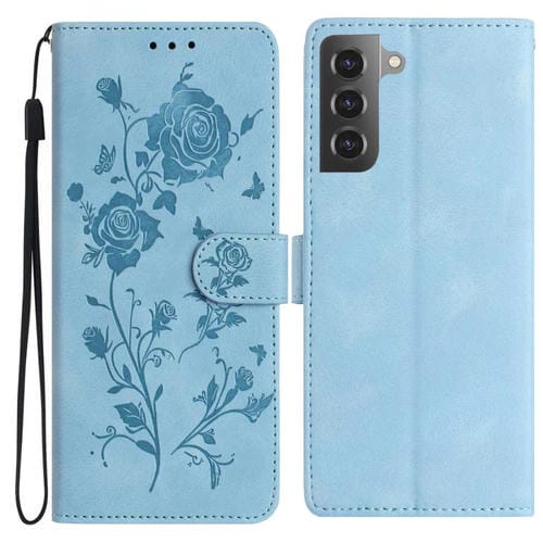 Funda de piel con estampado floral en relieve para Samsung Galaxy S22+ 5G (azul cielo)