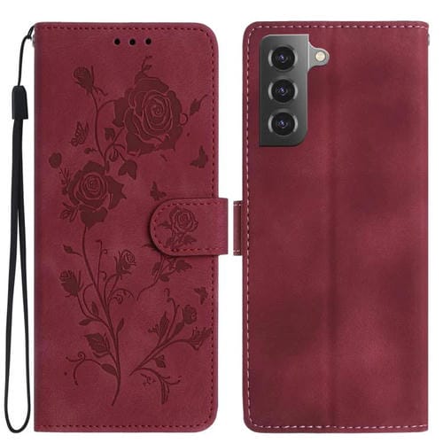 Funda de cuero con estampado floral en relieve para Samsung Galaxy S22+ 5G (roja)