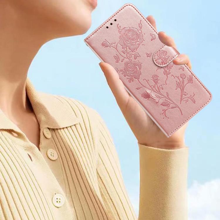Funda de cuero con estampado floral en relieve para Samsung Galaxy S23+ 5G (oro rosa)