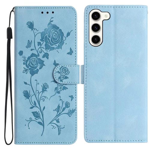 Funda de cuero con estampado floral en relieve para Samsung Galaxy S23+ 5G (azul cielo)