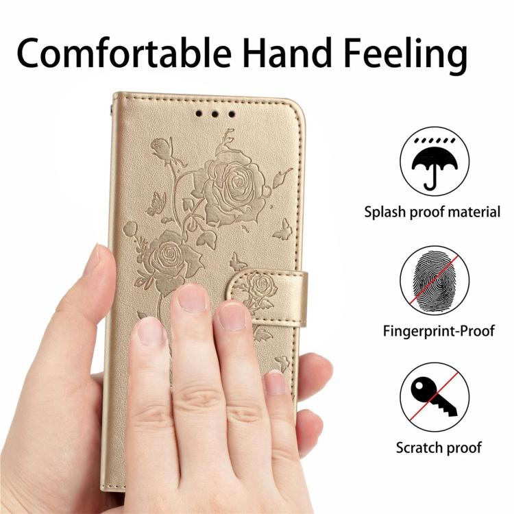 Funda de cuero con estampado de rosas en relieve para Samsung Galaxy S24 5G (dorada)
