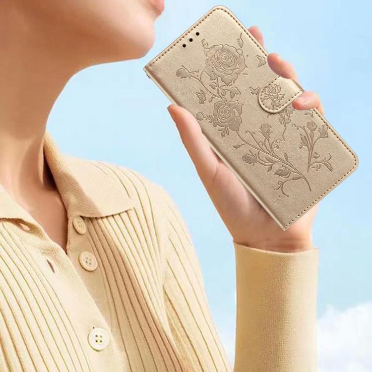 Funda de cuero con estampado de rosas en relieve para Samsung Galaxy S24 5G (dorada)