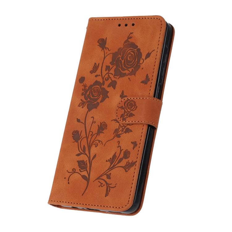 Funda de cuero con estampado de rosas en relieve para Samsung Galaxy S25 Edge 5G (marrón)