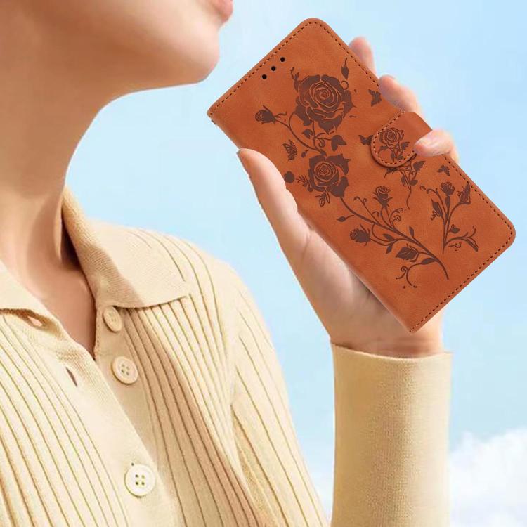 Funda de cuero con estampado de rosas en relieve para Samsung Galaxy S25 Edge 5G (marrón)