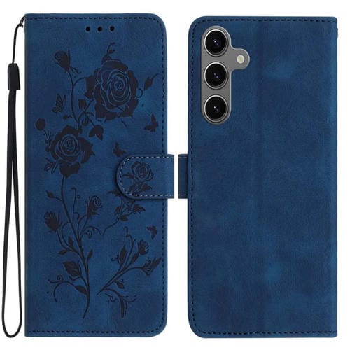 Funda de cuero con estampado de rosas en relieve para Samsung Galaxy S25+ 5G (azul oscuro)