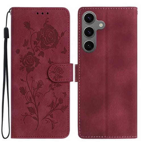 Funda de cuero con estampado de rosas en relieve para Samsung Galaxy S25+ 5G (roja)