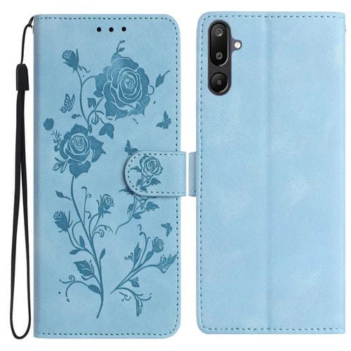Funda de cuero con estampado floral en relieve para Samsung Galaxy F16 (azul cielo)