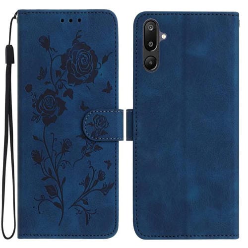 Funda de cuero con estampado floral en relieve para Samsung Galaxy F16 (azul oscuro)