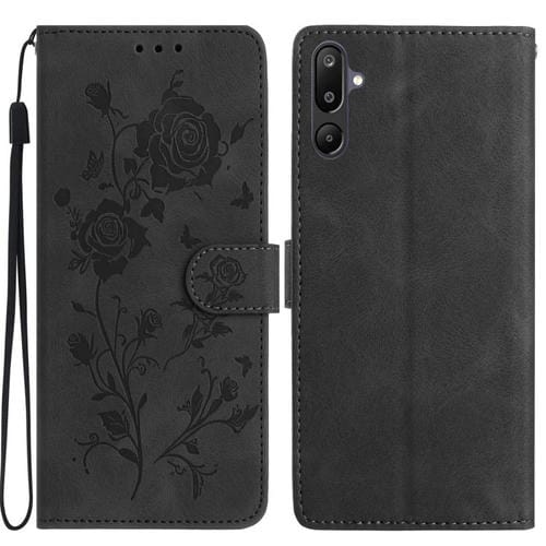 Funda de cuero con estampado de rosas en relieve para Samsung Galaxy F16 (negra)