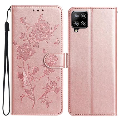 Funda de piel con estampado floral en relieve para Samsung Galaxy M32 (oro rosa)