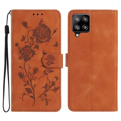 Funda de piel con estampado de rosas en relieve para Samsung Galaxy M32 (marrón)