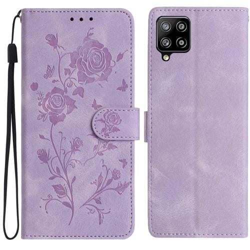 Funda de cuero con estampado de rosas en relieve para Samsung Galaxy M32 (morado claro)