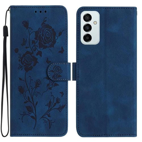 Funda de cuero con estampado floral en relieve para Samsung Galaxy M52 (azul oscuro)