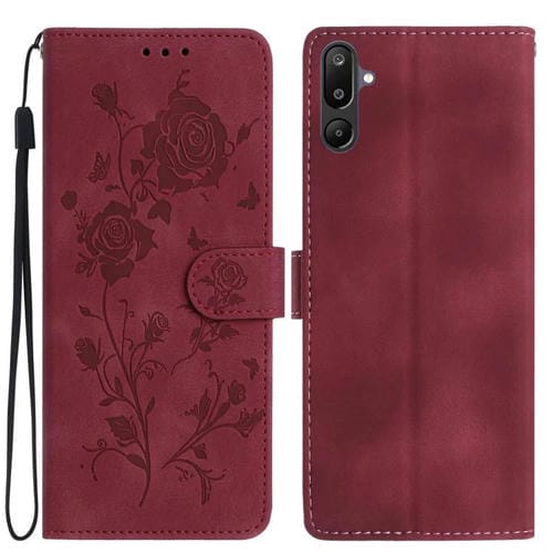 Funda de cuero con estampado de rosas en relieve para Samsung Galaxy F06 (roja)