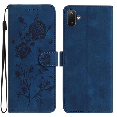 Funda de cuero con estampado de rosas en relieve para Samsung Galaxy F06 (azul oscuro)