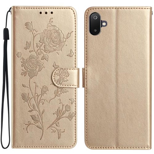 Funda de cuero con estampado de rosas en relieve para Samsung Galaxy F06 (dorada)
