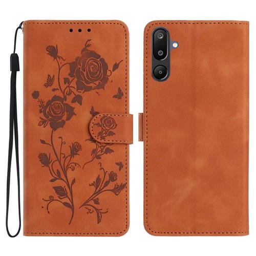 Funda de cuero con estampado de rosas en relieve para Samsung Galaxy F06 (marrón)