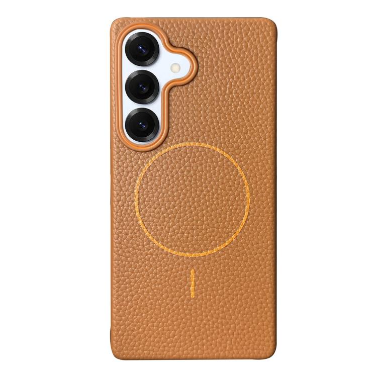 Funda de TPU con textura de lichi MagSafe para Samsung Galaxy S25 5G (marrón dorado)